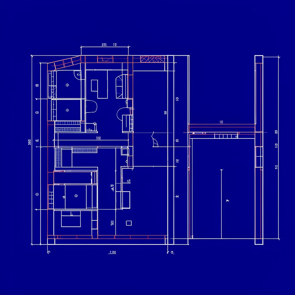 Tehnična črtna risba šolskega poslopja z modrimi in belimi linijami, urejena in geometrijska kompozicija
